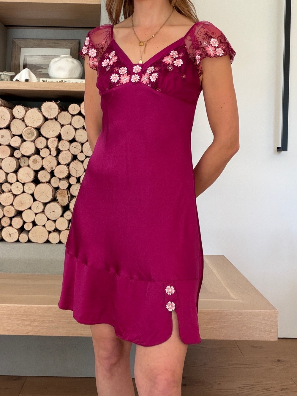 100% mulberry silk Magenta whimsical Floral Embroidered dress